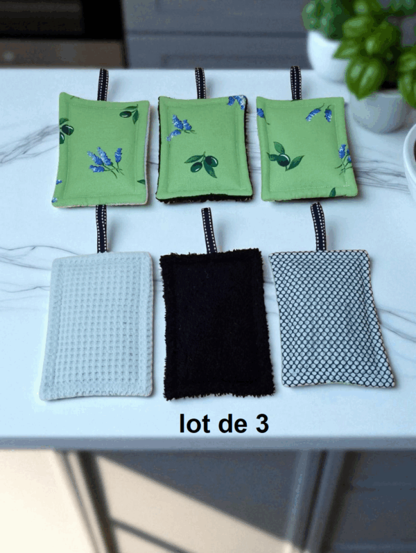 lot de 3 éponges lavables et grattantes coton doublé éponge et nid d'abeille et filet mesh modèle au choix – Image 10