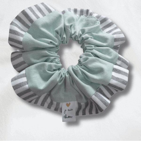 Chouchou adorée bi-matière vert + gris à rayures