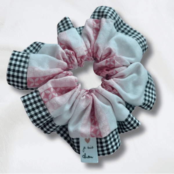 Chouchou adorée bi-matière rose à carreaux + vichy noir