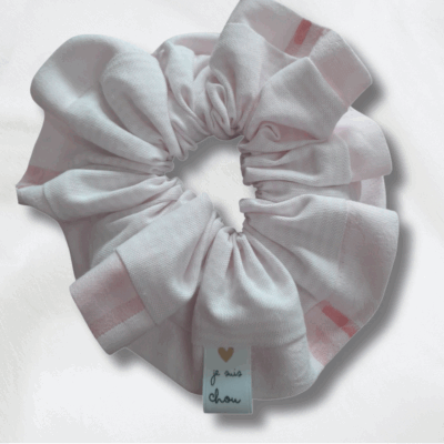 Chouchou adorée bi-matière rose à rayures + rose à carreaux