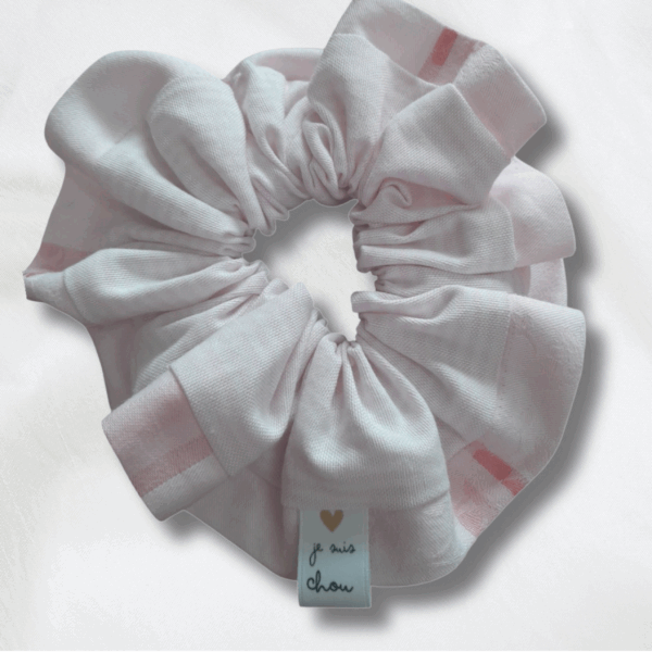 Chouchou adorée bi-matière rose à rayures + rose à carreaux