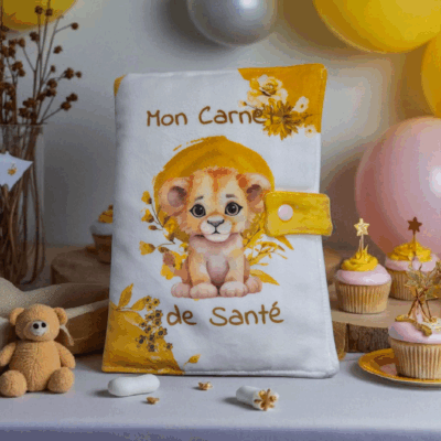 Protège carnet de santé bébé en velours – Petit lion – Personnalisable avec prénom