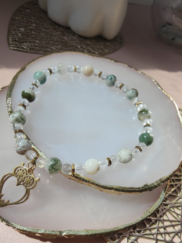 Gufo – Bracelet en Agate Arbre, Quartz naturel et charme chouette, acier inoxydable, plaqué or – Image 2