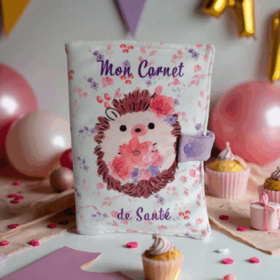 Protège carnet de santé bébé en velours motif hérisson – fait main – personnalisable – Oeko-Tex®