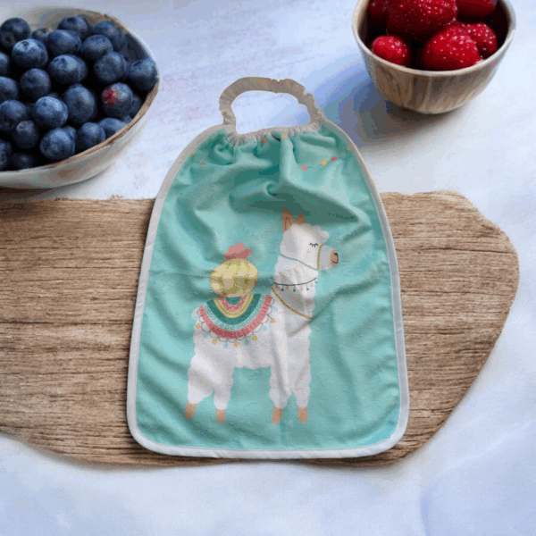 Bavoir maternelle élastiqué en éponge de bambou – Fait main, motif lama, tissu Oeko-Tex®