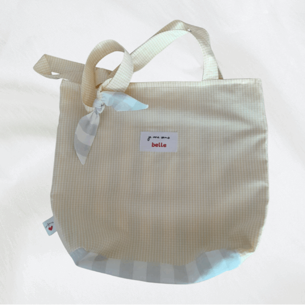 Sac tote bag confiante bi-matière vichy jaune + rayures grises – Image 2