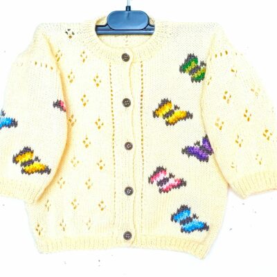 Gilet bébé tricot, taille 1 an, avec des papillons et un point ajouré