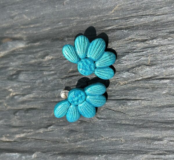 Boucles d’oreilles « Les Floralies 2 » en pâte polymère turquoise – Image 3