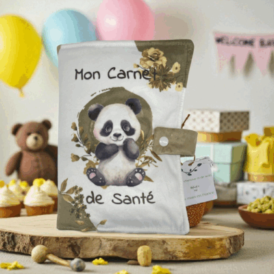 Protège carnet de santé en velours panda – Fait main en France – Personnalisable prénom – Oeko-Tex®