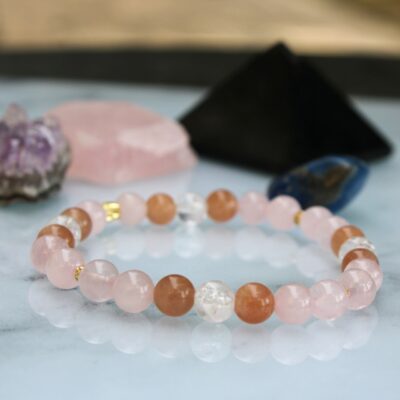 Bracelet élastique Quartz Rose, Pierre du Soleil et Cristal de Roche craquelé et perles Plaqué Or 18k