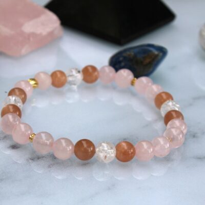 Bracelet élastique Quartz Rose, Pierre du Soleil et Cristal de Roche craquelé et perles Plaqué Or 18k