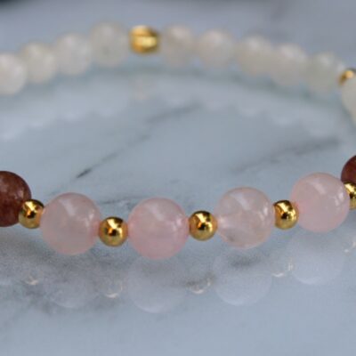 Bracelet élastiqué Pierre de Lune, Quartz Rose & Fraise – Pierres naturelles – Bijou Femme Or 18k