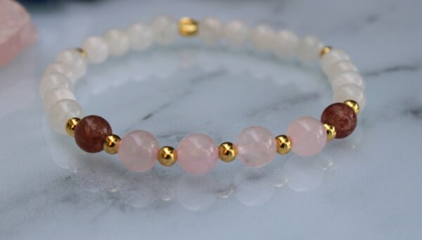 Bracelet élastiqué Pierre de Lune, Quartz Rose & Fraise – Pierres naturelles – Bijou Femme Or 18k