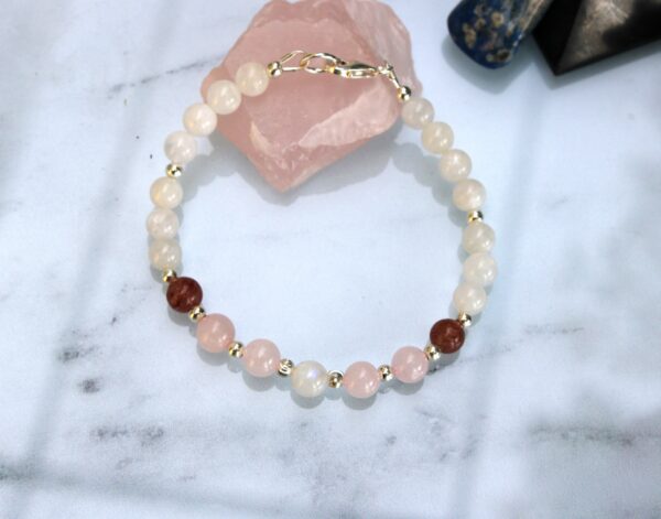 Bracelet fin en pierre de lune, quartz rose et quartz fraise avec perles argent 925 – Image 4