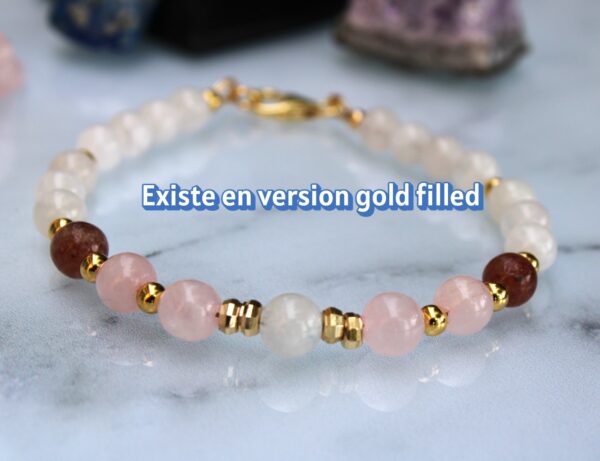 Bracelet fin en pierre de lune, quartz rose et quartz fraise avec perles argent 925 – Image 6