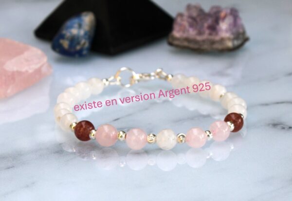 Bracelet fin en pierre de lune, quartz rose et quartz fraise avec perles plaqué or 18k, montage gold filled ( plaqué or supérieur) – Image 5