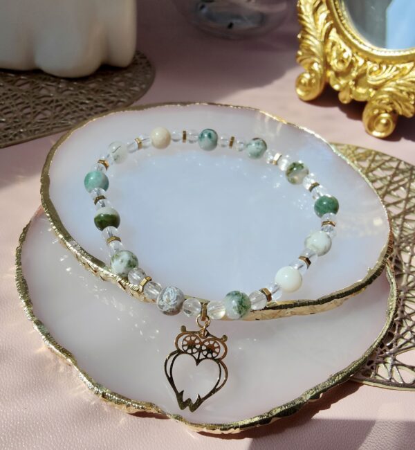 Gufo – Bracelet en Agate Arbre, Quartz naturel et charme chouette, acier inoxydable, plaqué or