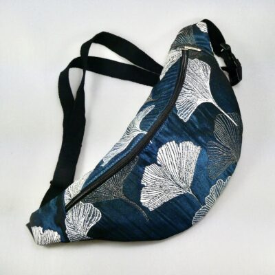 Sac banane tissu jacquard bleu à motifs de fleurs de ginko