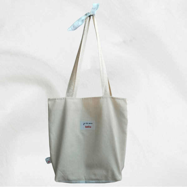 Sac tote bag confiante bi-matière vichy jaune + rayures grises – Image 5