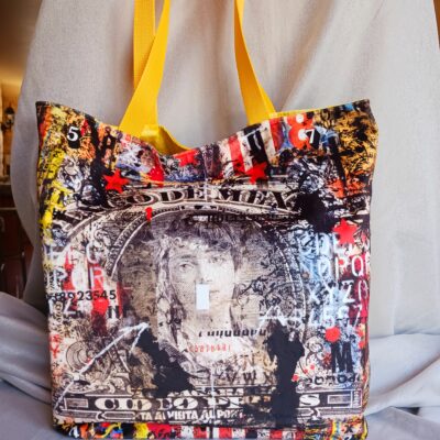 sac cabas jaune bi-matière avec motif femme