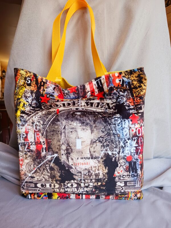 sac cabas jaune bi-matière avec motif femme