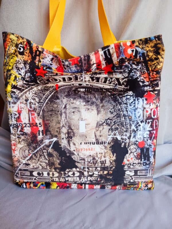 sac cabas jaune bi-matière avec motif femme – Image 2