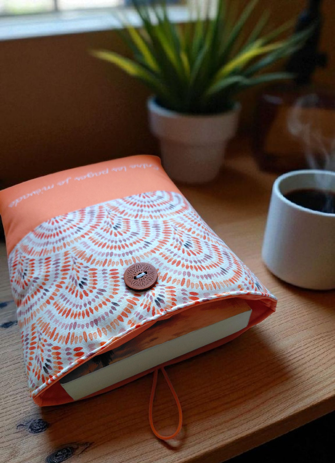 Pochette protège-livres, liseuses et tablettes – Modèle unique fait main en tissu imperméable, citation “Entre les pages je m’évade” – Image 4