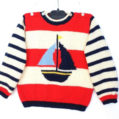 Pull tricot enfant, fait main, style marin, taille 2 ans