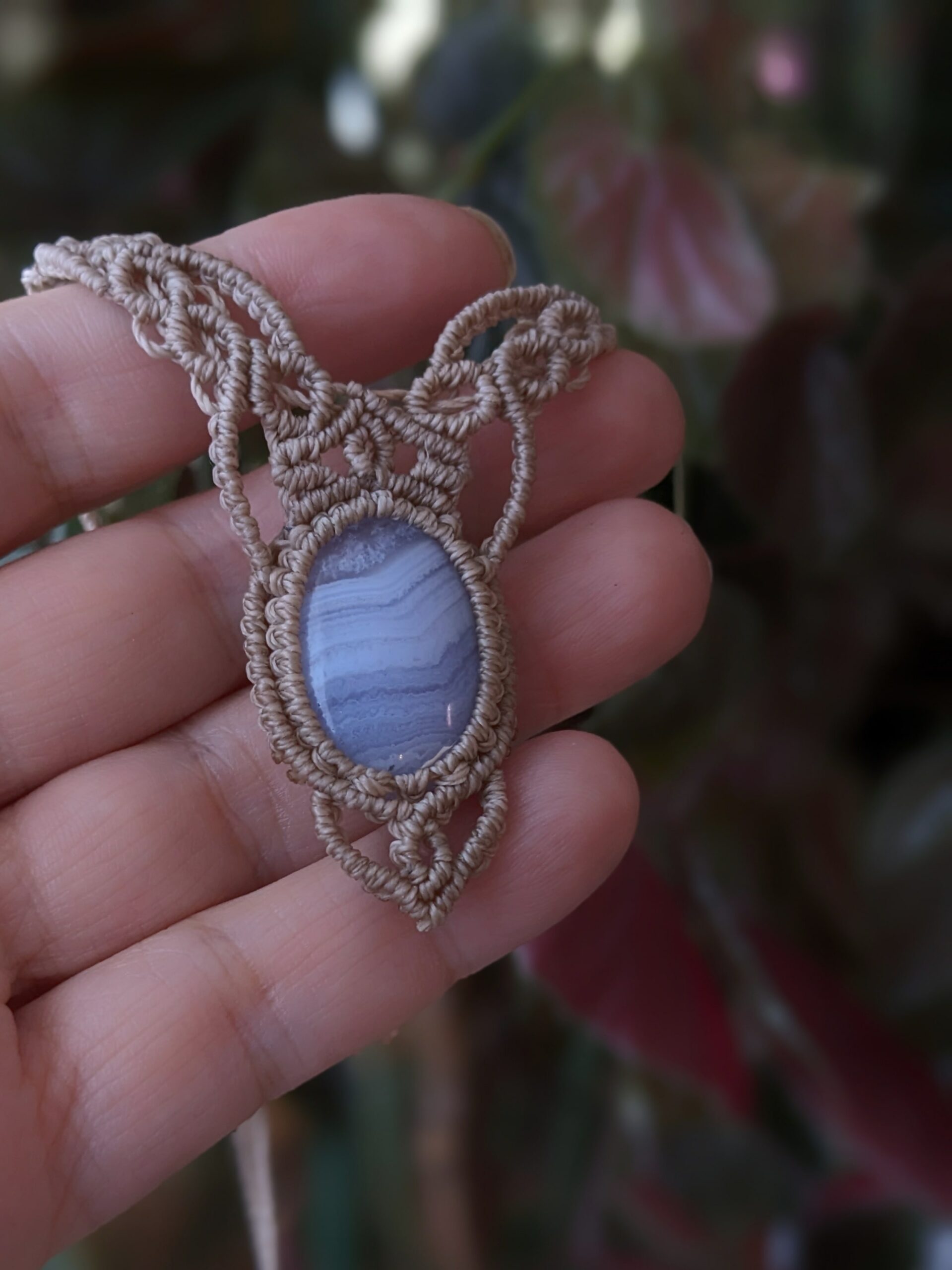 Collier Macramé Beige Agate Blue lace/ Bijou unique créateur – Image 6