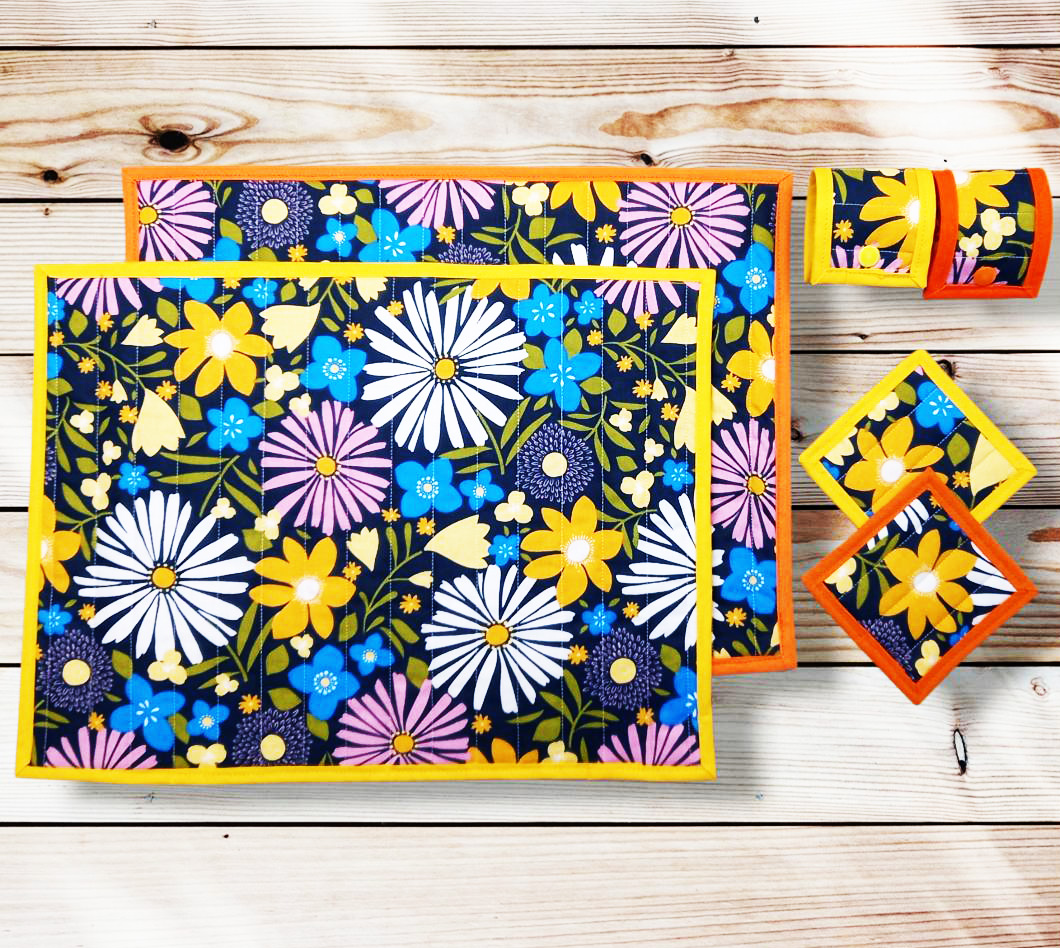 Ensemble sets de table matelassés et réversibles + sous-verres + ronds de serviette ou de set - GLADYS - Décoration de table bohème