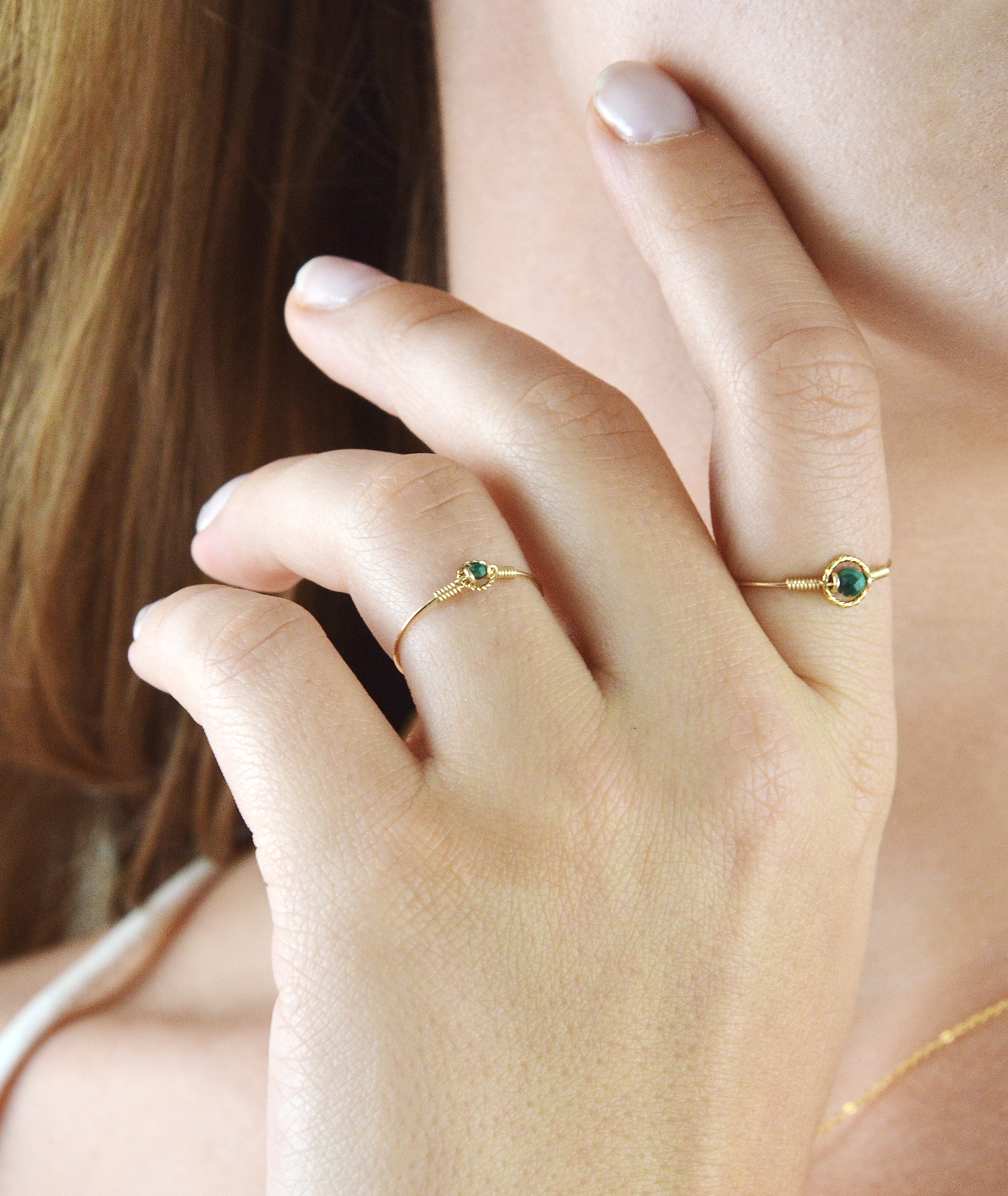 Bague fine anneau d'or laminé et Malachite - bague minimaliste – Image 5