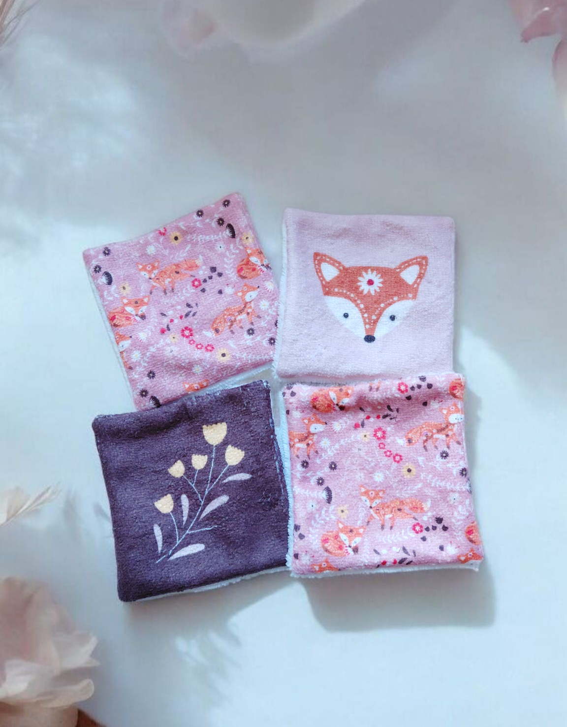 Lot de 4 lingettes lavables motif renard – double face en éponge de bambou certifiée Oeko-Tex® – Fait main