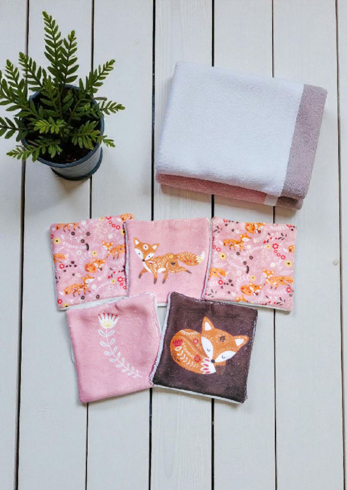 Lot de 5 lingettes lavables motif renard – double face en éponge de bambou certifiée Oeko-Tex® – Fait main