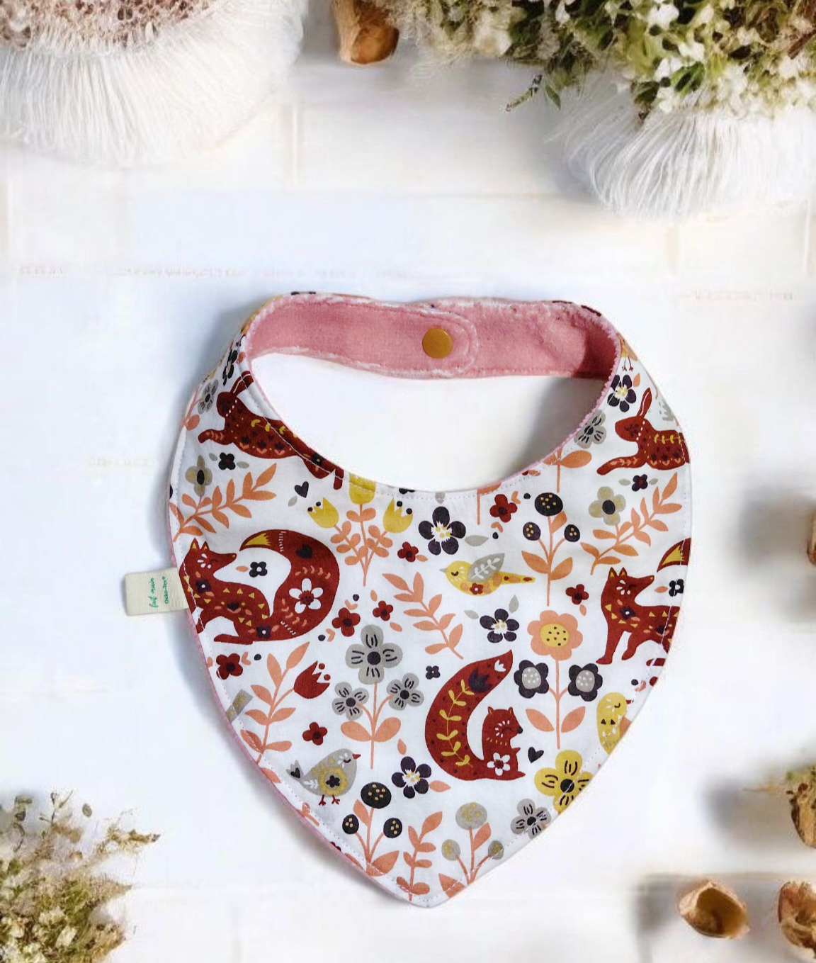 Bavoir bandana réversible bébé 0-9 mois – éponge de bambou motif renard et coton Oeko-Tex® – Image 2