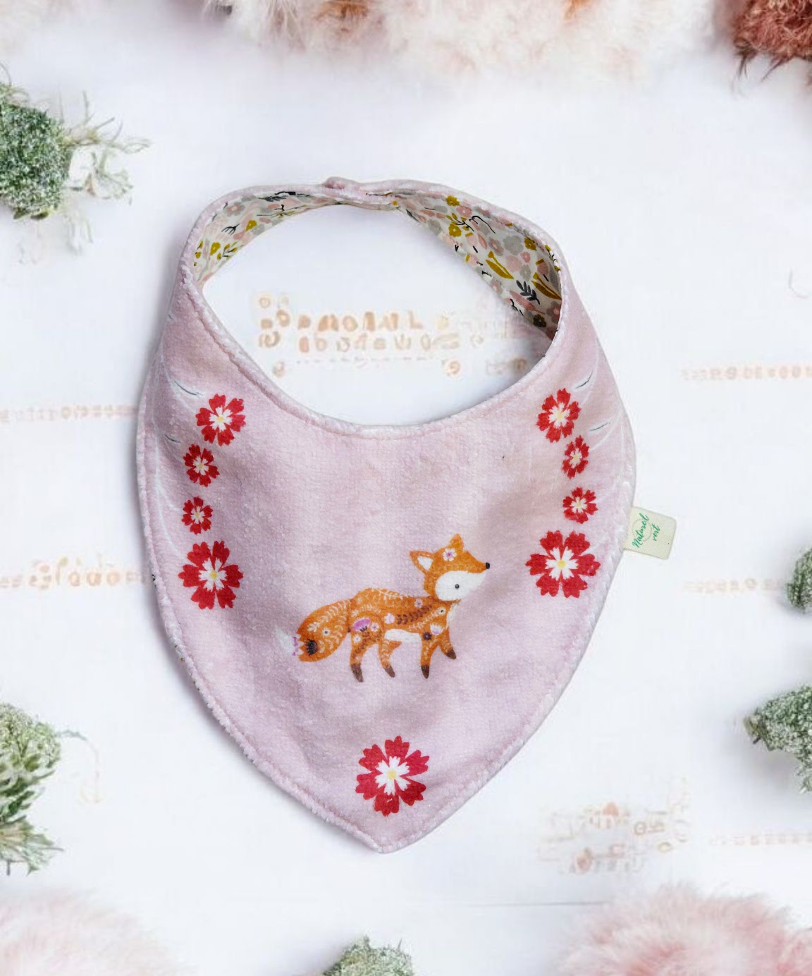 Bavoir bandana réversible bébé 0-9 mois – éponge de bambou motif renard et coton Oeko-Tex®