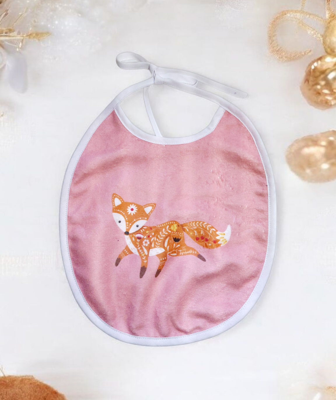 Bavoir rond bébé en éponge de bambou – motif renard – fait main Oeko-Tex®