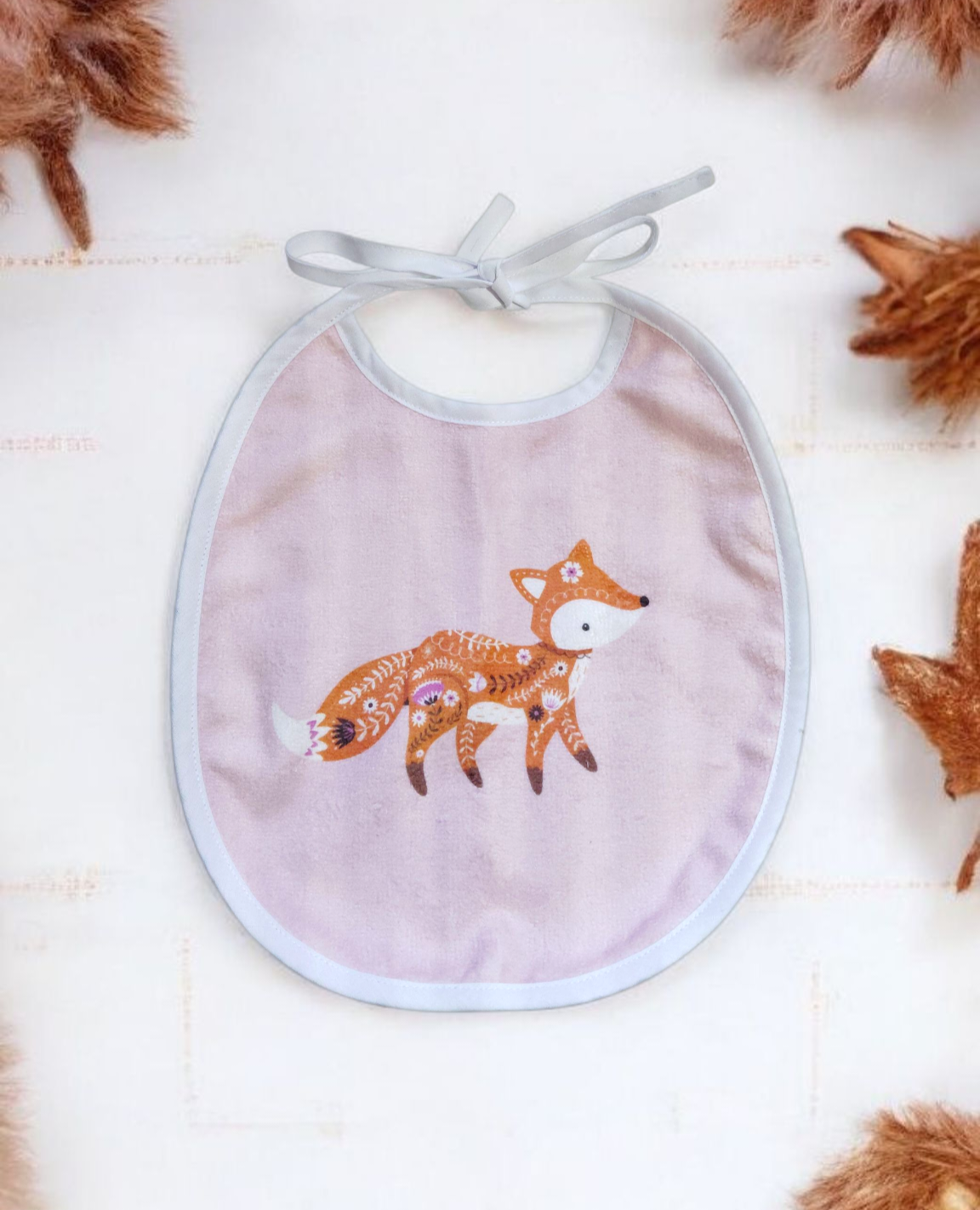Bavoir rond bébé en éponge de bambou – motif renard tons rose et marron – fait main Oeko-Tex®