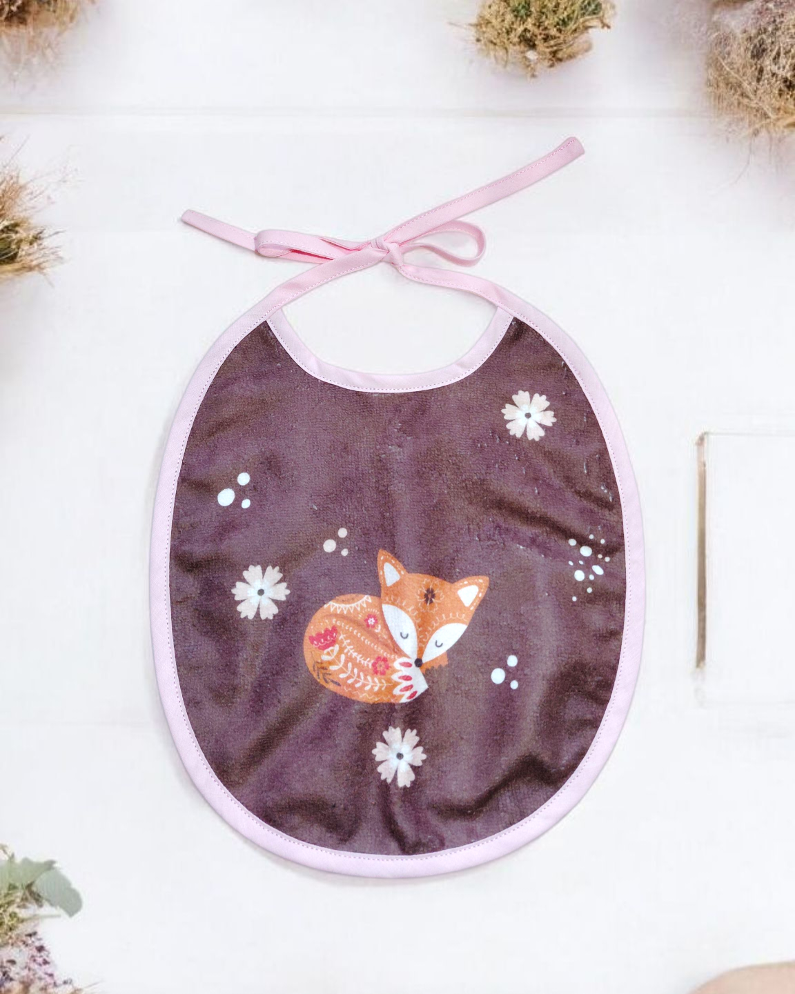 Bavoir rond bébé en éponge de bambou – motif renard – fait main Oeko-Tex®