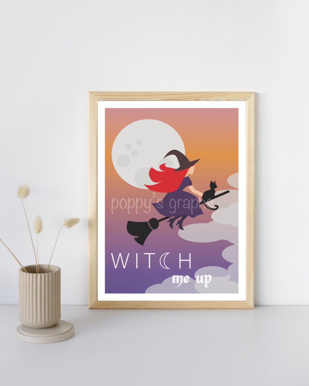 affiche halloween sorcière devant lune avec chat noir