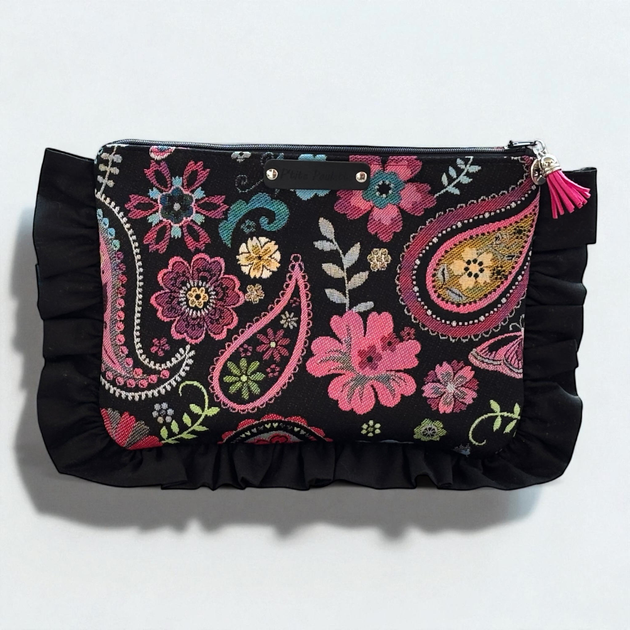 💫 Sac “So Cute” en Jacquard Fleuri Noir et Fronces Noires – Création Artisanale Française
