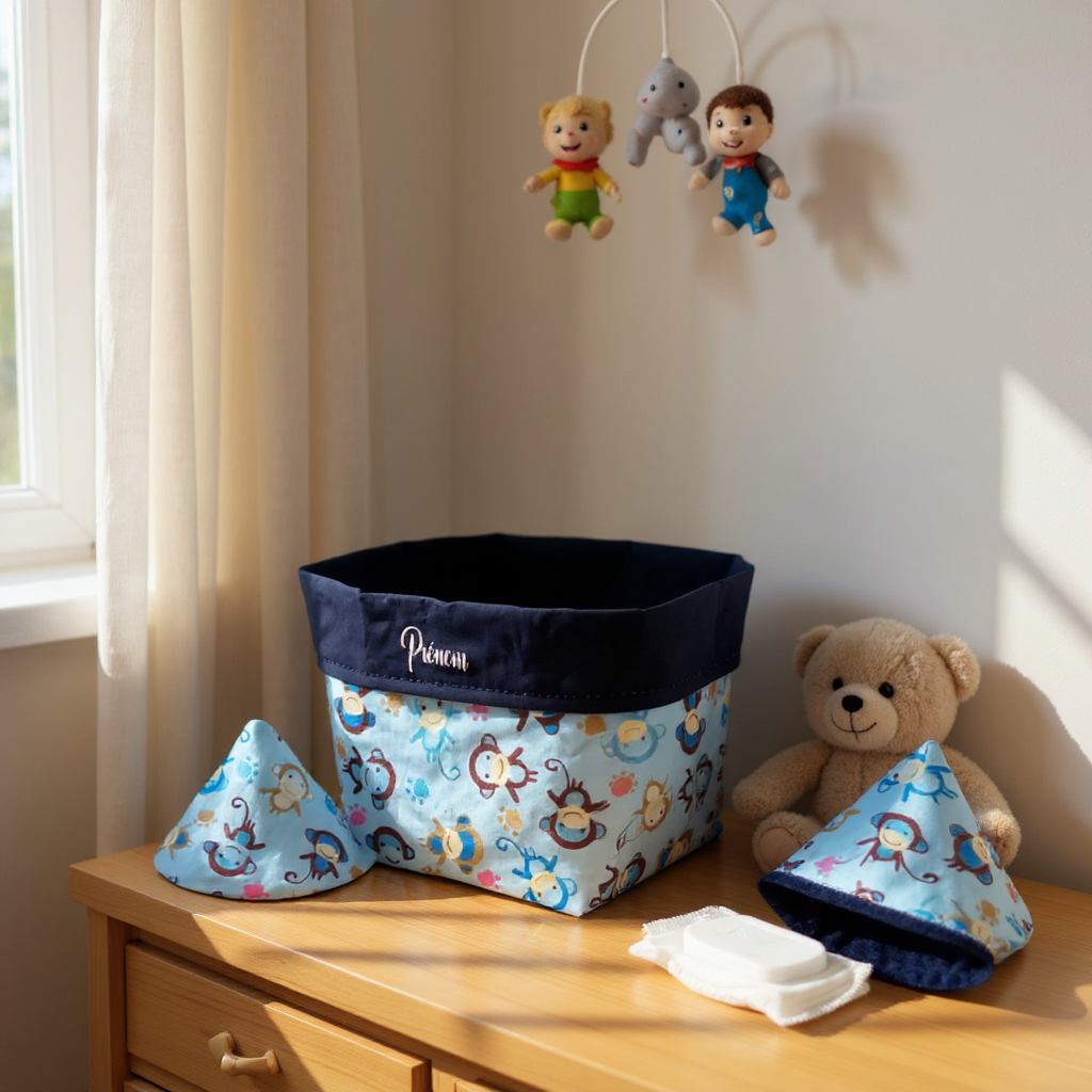 Panière et 8 cônes anti pipi, pare pipi, change bébé personnalisable modèle au choix