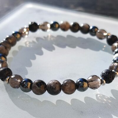 Bracelet Labradorite, Hématite, Quartz Fumé et Pierre de Lave