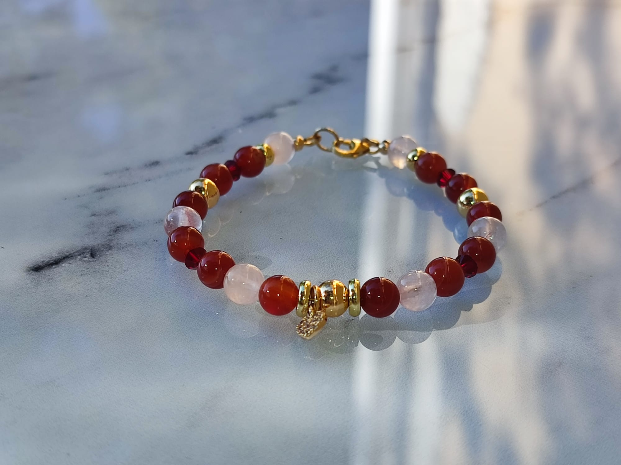 Bracelet Agate Rouge et Quartz Rose en Gold Filled – Image 5