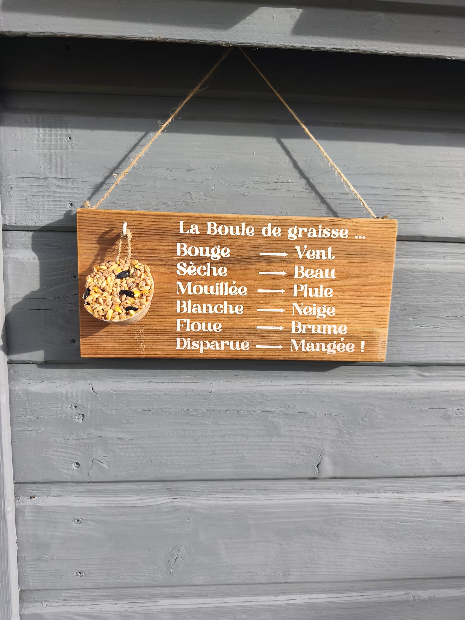 Mangeoire oiseaux en bois – Support boule de graisse – Baromètre humoristique jardin- Cadeau Noël homme
