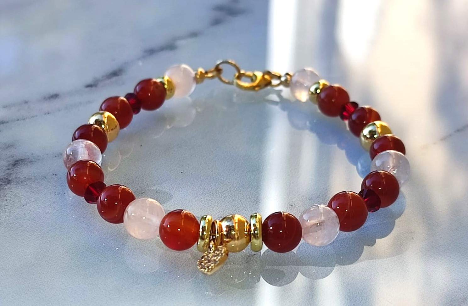 Bracelet Agate Rouge et Quartz Rose en Gold Filled