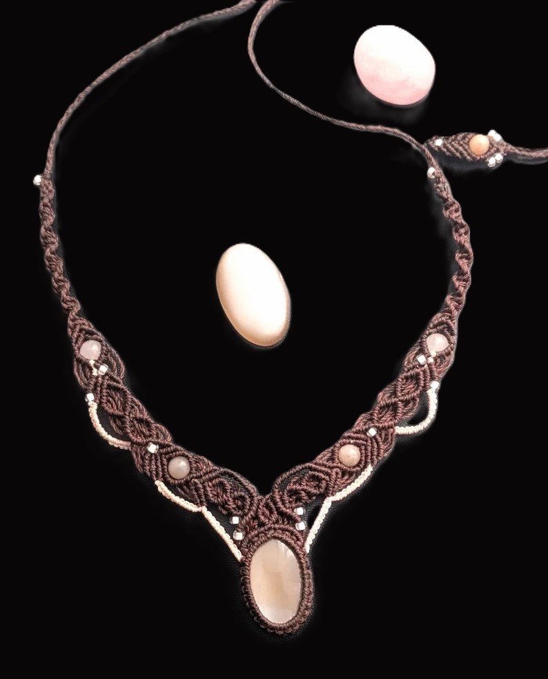 Collier Macramé Pierre De Lune Et Quartz Rose Fait Main -Lithothérapie
