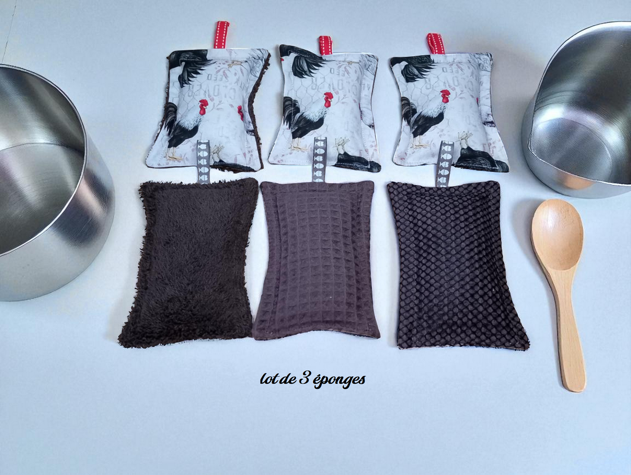 lot de 3 éponges lavables et grattantes coton doublé éponge et nid d'abeille et filet mesh modèle au choix – Image 11