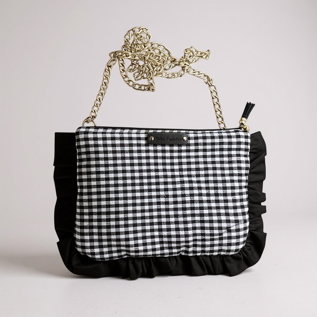 🖤 Sac “So Cute” Vichy Noir et Blanc et Fronces Noires- Création artisanale Française – Image 2