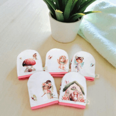 Mini-gants enfant en éponge de bambou – Motif fée des bois – Fait main, Oeko-Tex®