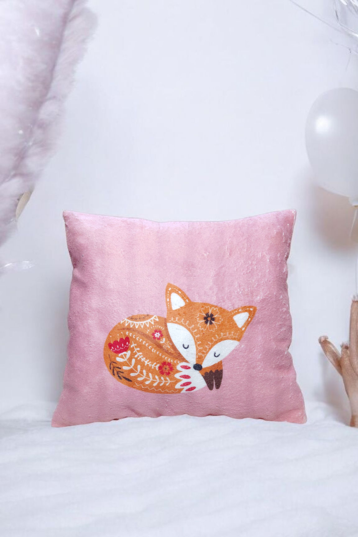 Coussin décoratif renard en éponge de bambou – chambre bébé – Oeko-Tex® – Fabrication artisanale